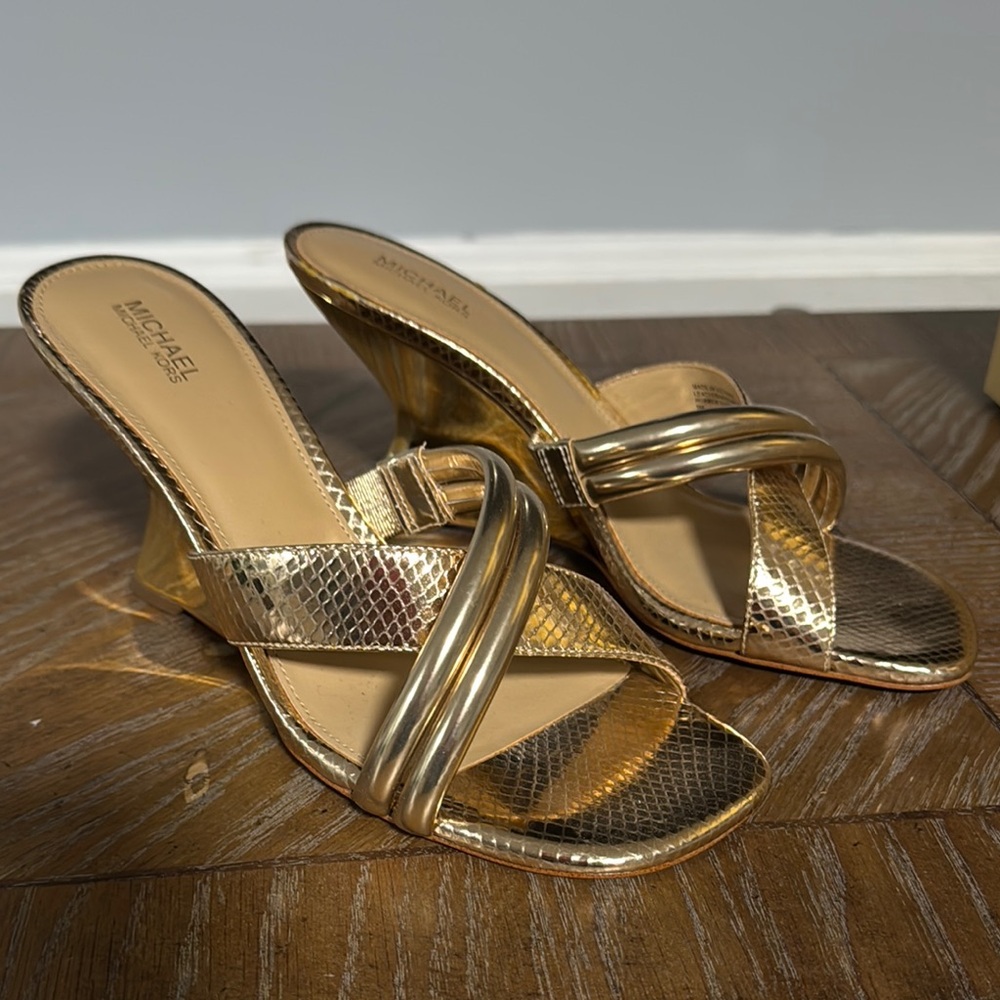 Michael Kors Gold Wedge Sandals with Crisscross Straps